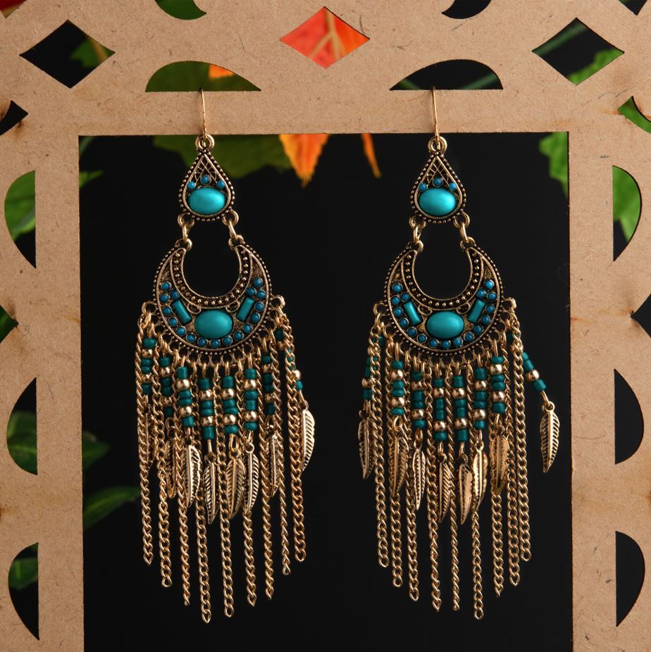 Gold Plated Chandbali Style With Hanging Beads, Leaf Chain Charms Fashion Indo Western Earring- IWER 1513