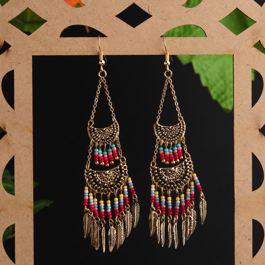 Silver / Gold Plated Hanging Chain Chandbali Shaped Designed With Beads &amp; Leaf Indo Western Earring- IWER 1521