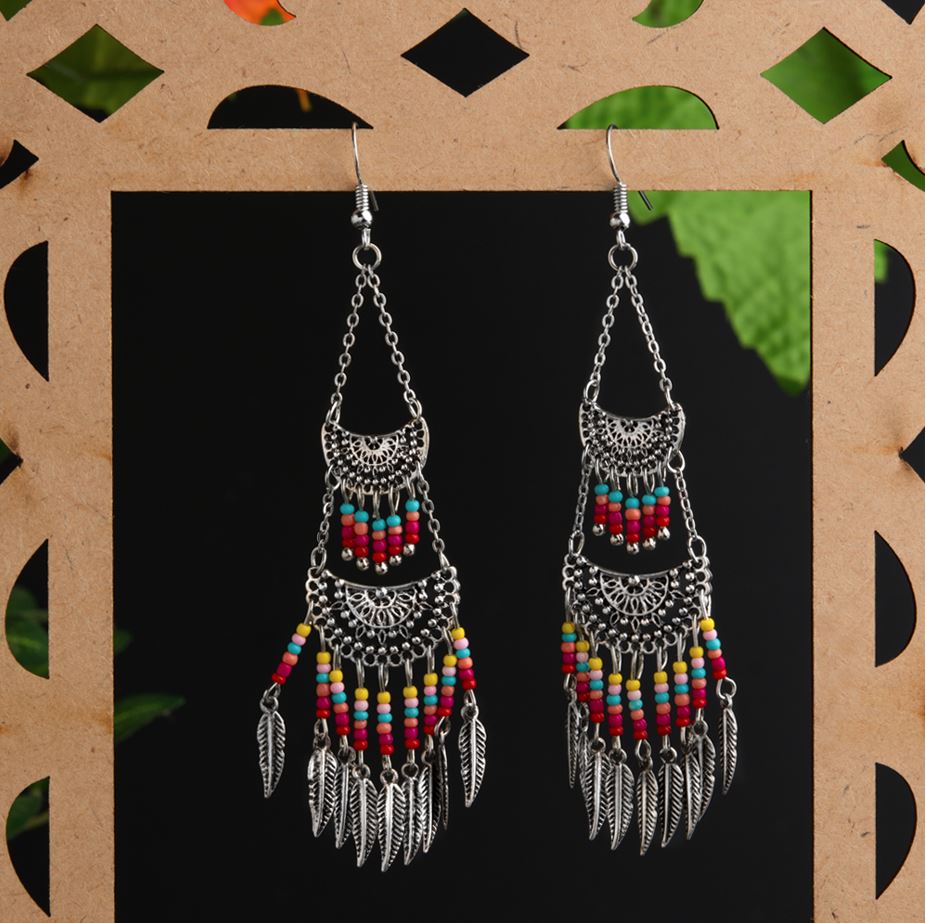 Silver / Gold Plated Hanging Chain Chandbali Shaped Designed With Beads &amp; Leaf Indo Western Earring