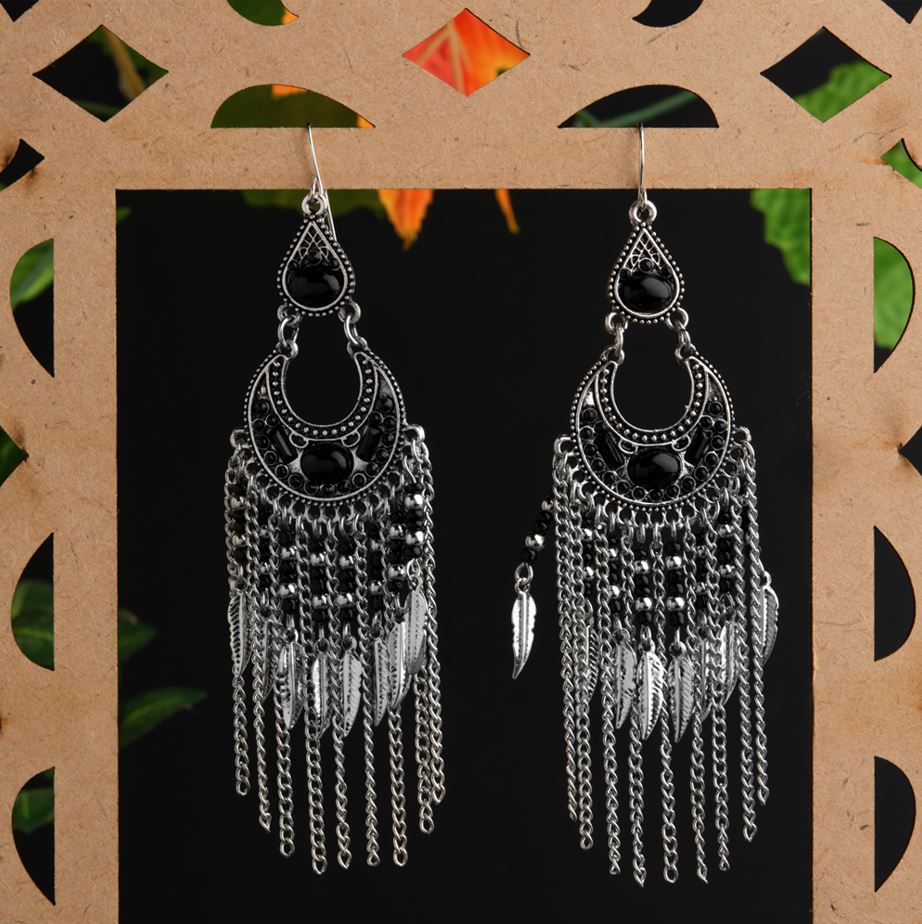 Silver Plated Chandbali Style With Hanging Beads, Leaf Chain Charms Fashion Indo Western Earring- IWER 1530