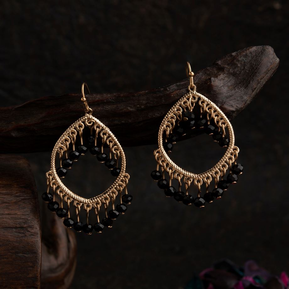 Gold Plated Tear Drop Shaped With Hanging Beads Fashion Indo Western Earring- IWER 1602