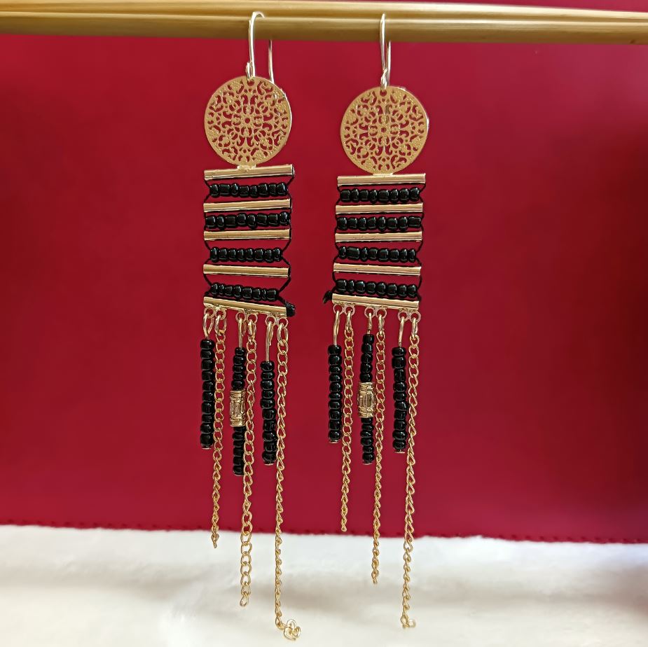 Gold Plated Hanging Long Chain Beads Bohemian Indo western Earrings