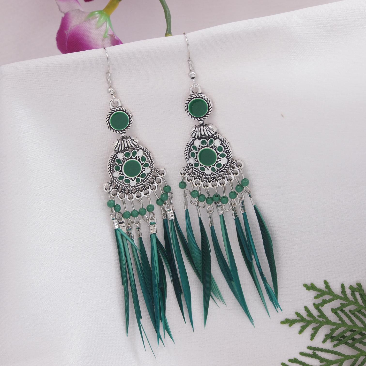 Silver Plated Hanging Chain  Designed With Beads &amp; Leaf Indo Western Earring