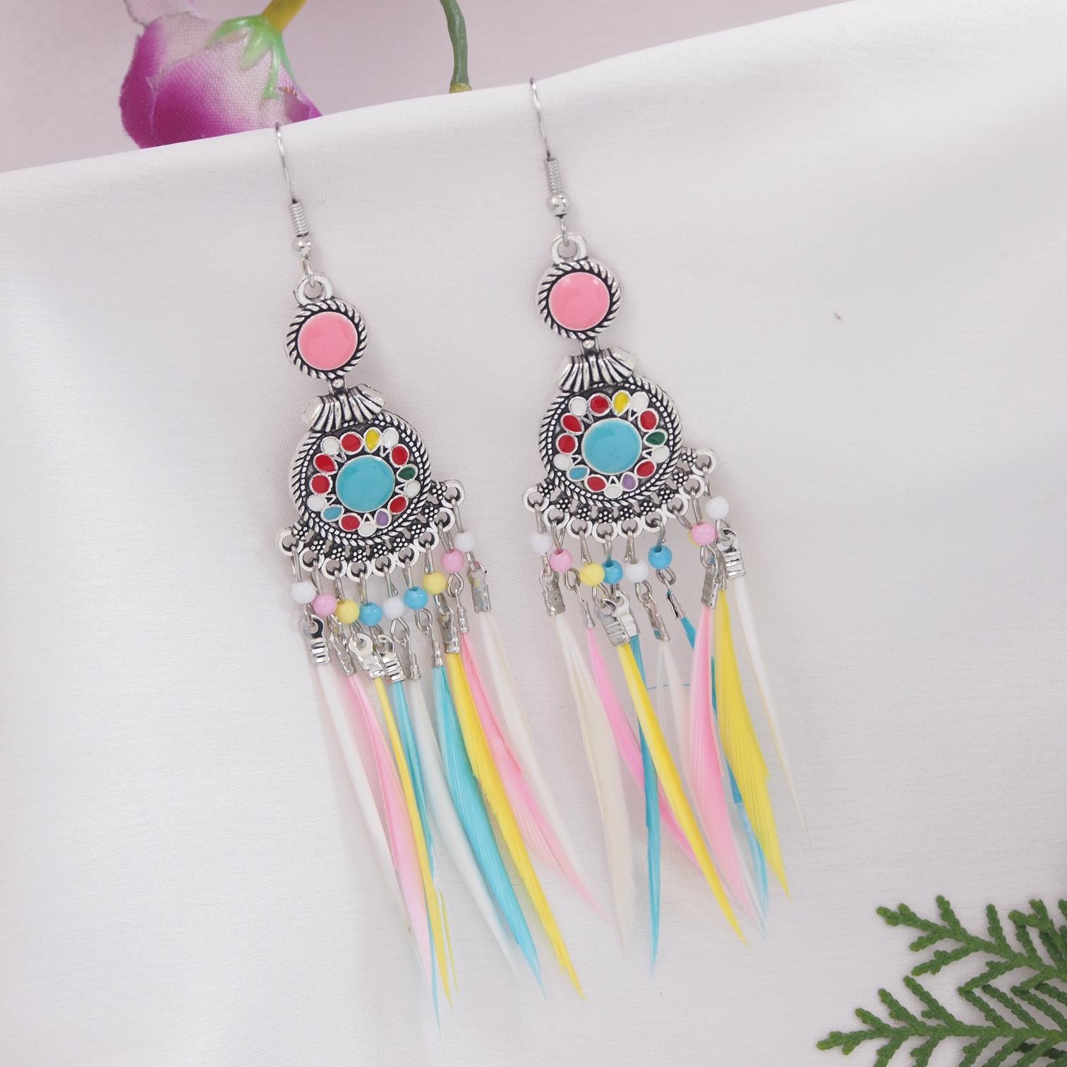 Silver Plated Hanging Chain  Designed With Beads &amp; Leaf Indo Western Earring