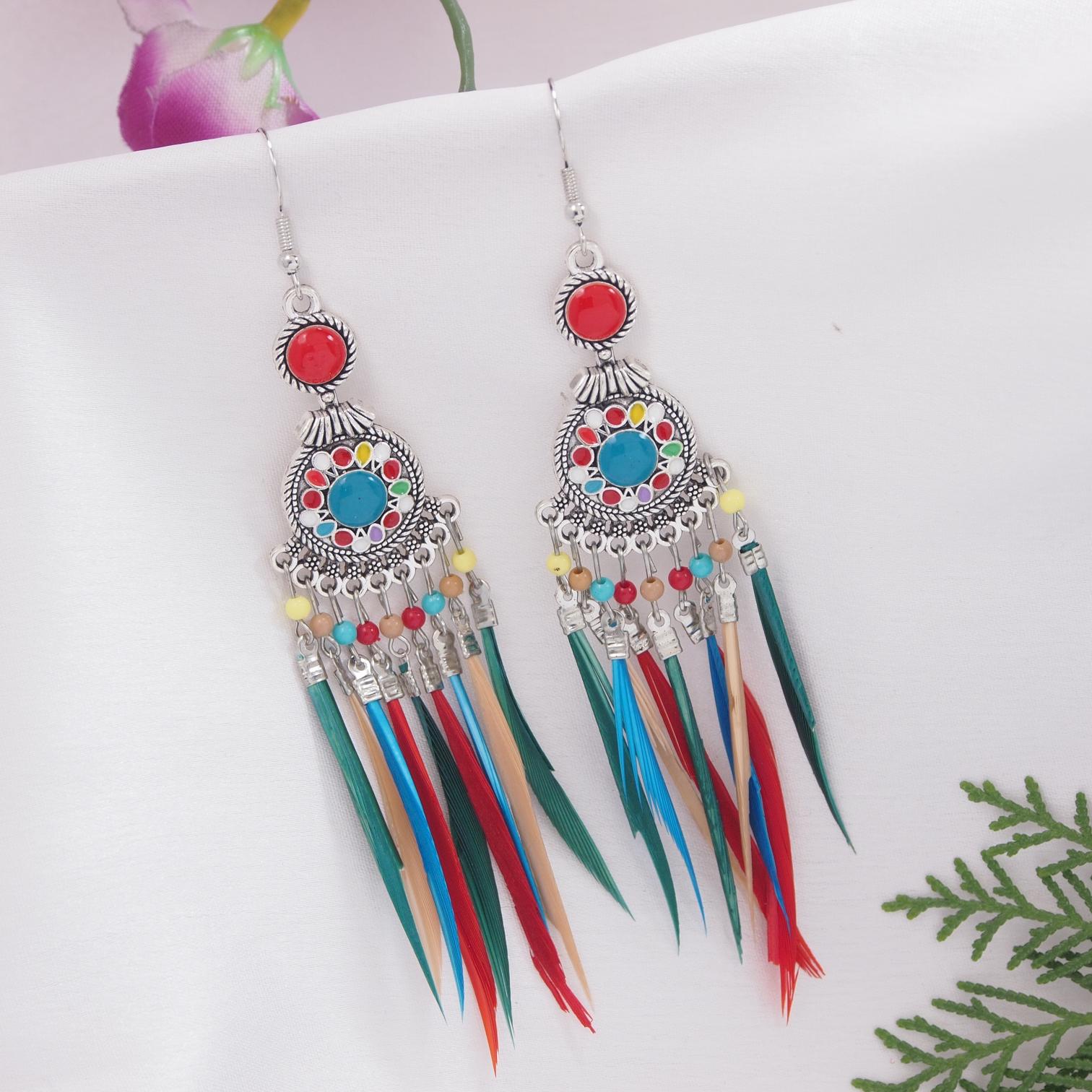 Silver Plated Hanging Chain  Designed With Beads &amp; Leaf Indo Western Earring