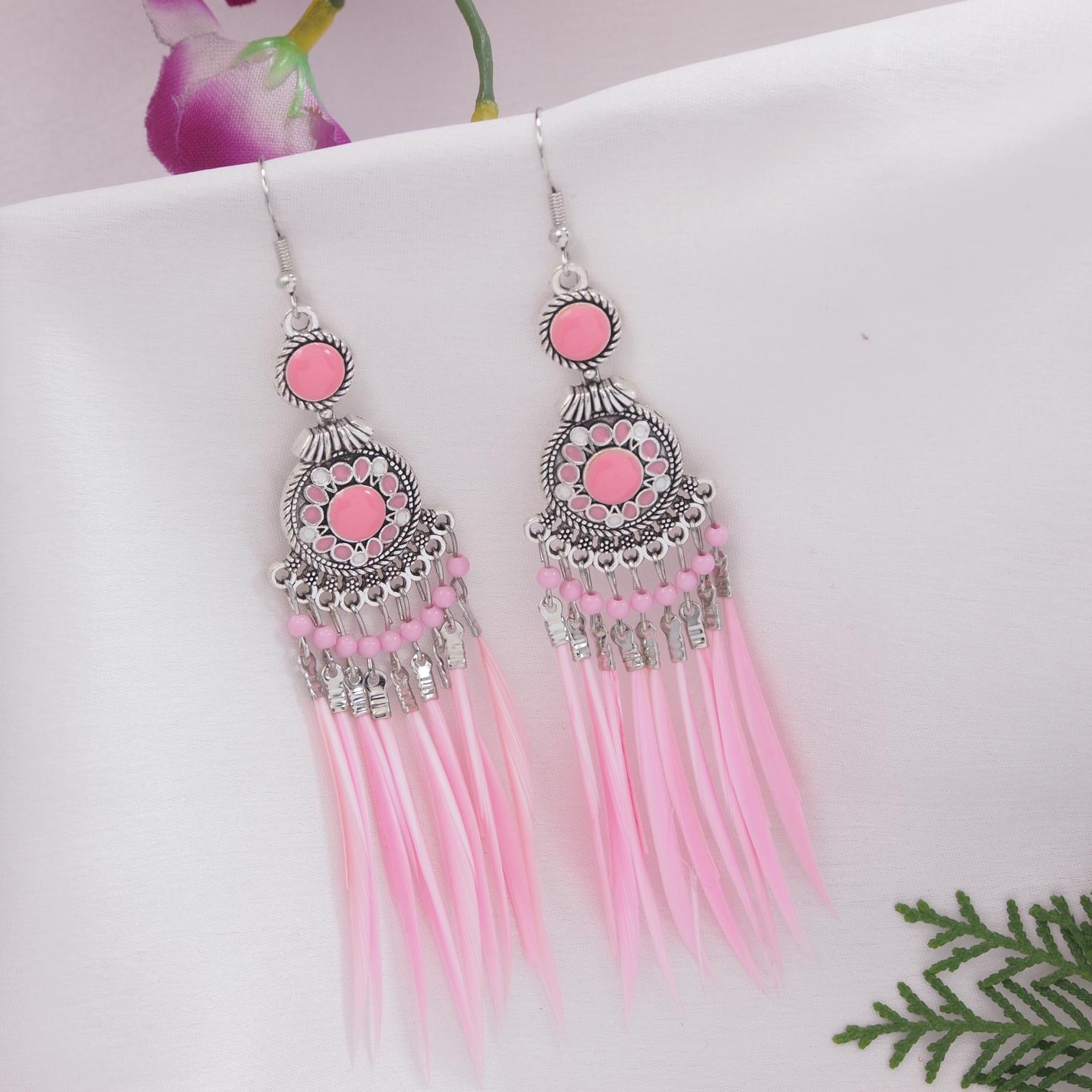 Silver Plated Hanging Chain  Designed With Beads &amp; Leaf Indo Western Earring