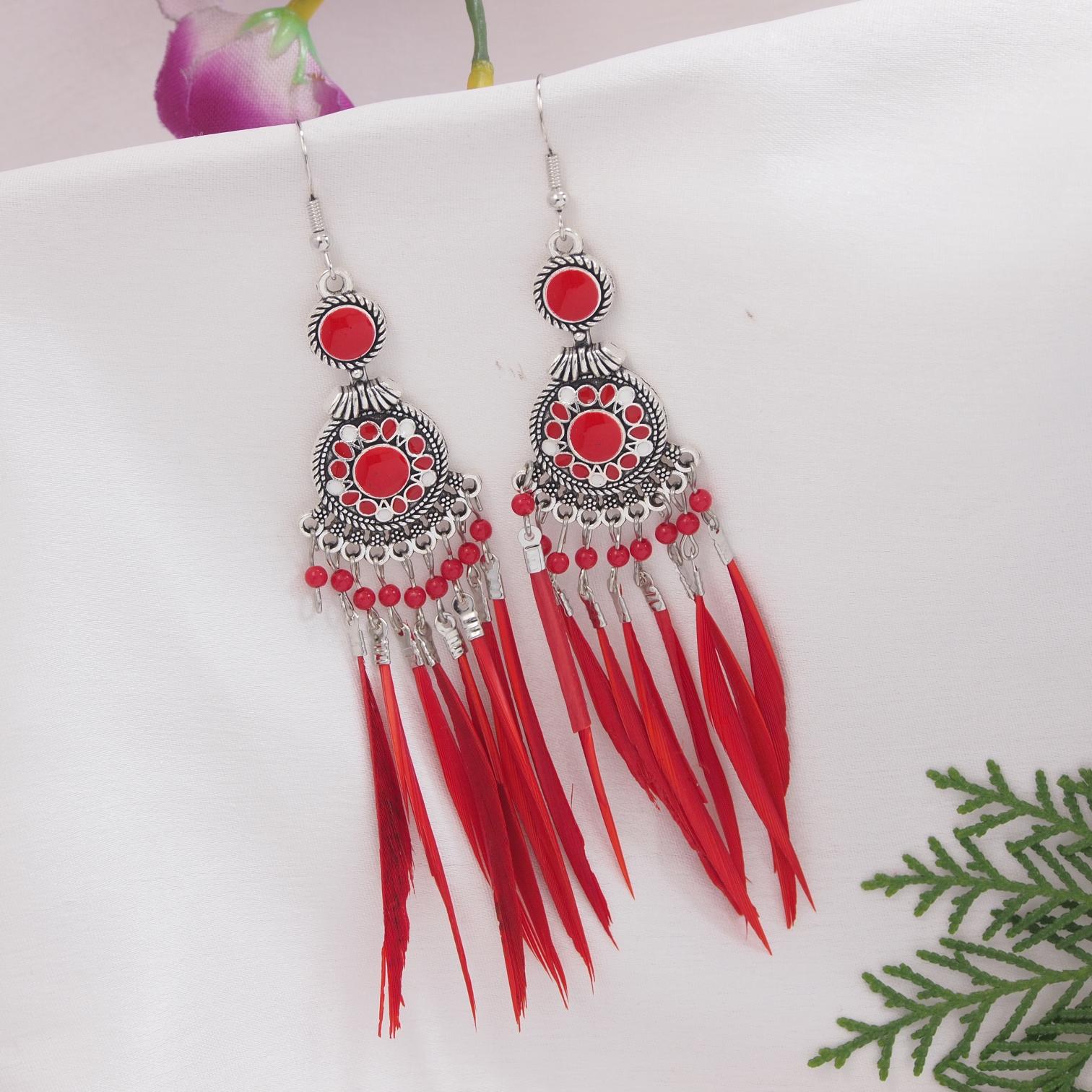 Silver Plated Hanging Chain  Designed With Beads &amp; Leaf Indo Western Earring