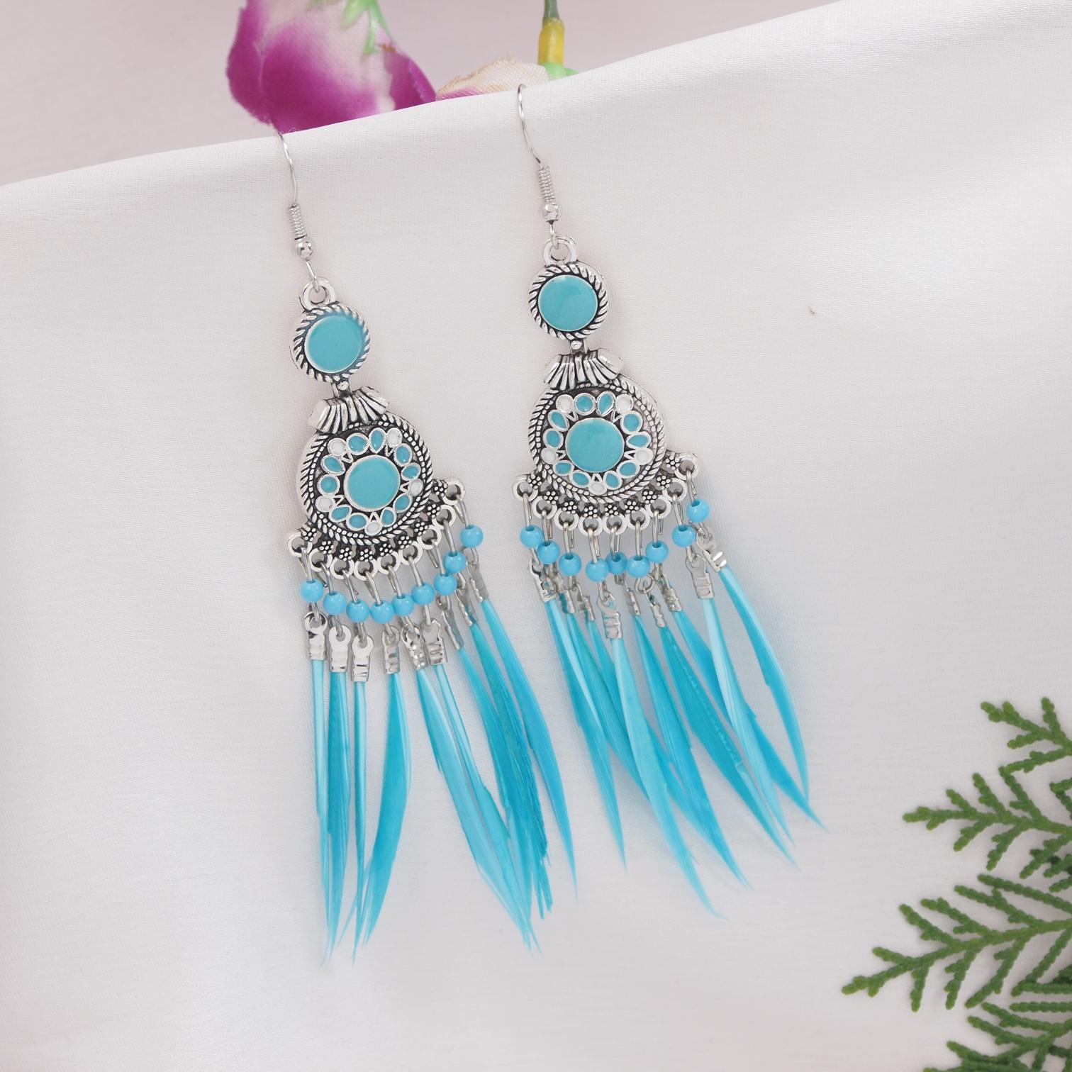 Silver Plated Hanging Chain  Designed With Beads &amp; Leaf Indo Western Earring