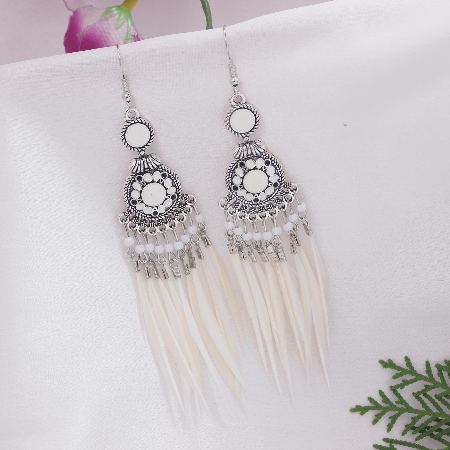 Silver Plated Hanging Chain  Designed With Beads &amp; Leaf Indo Western Earring