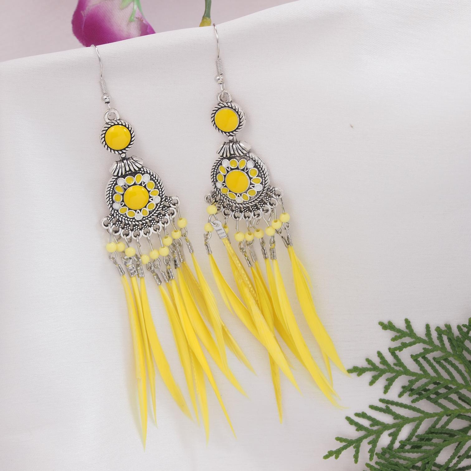 Silver Plated Hanging Chain  Designed With Beads &amp; Leaf Indo Western Earring