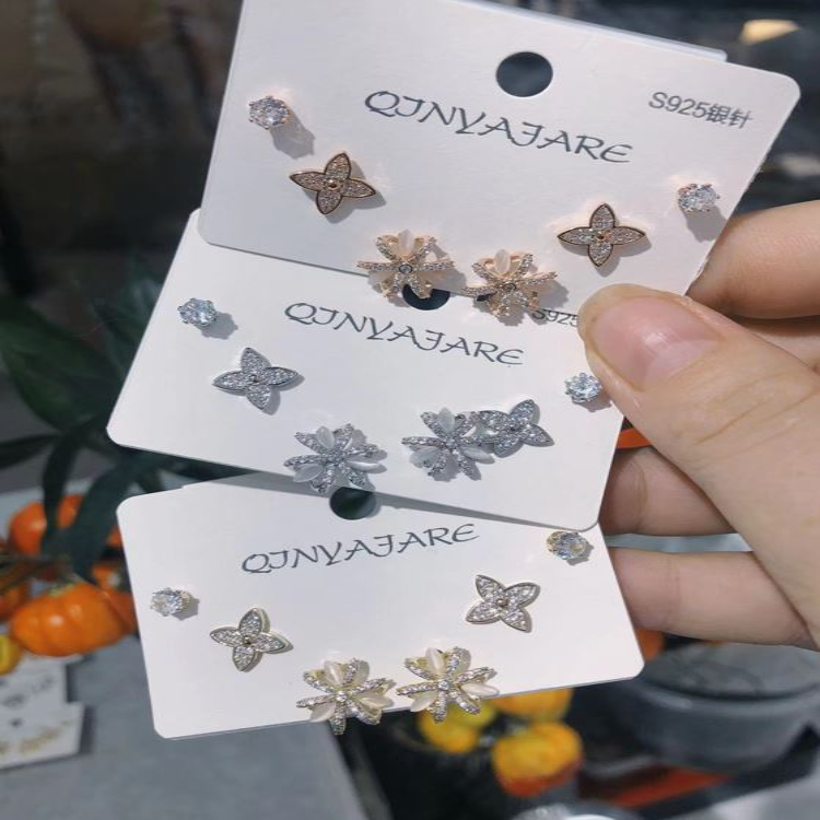Korean Flower Cubic Zirconia Three Pair Earring
