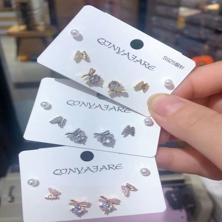 Korean Butterfly &Flower Cubic Zirconia Three Pair Earring