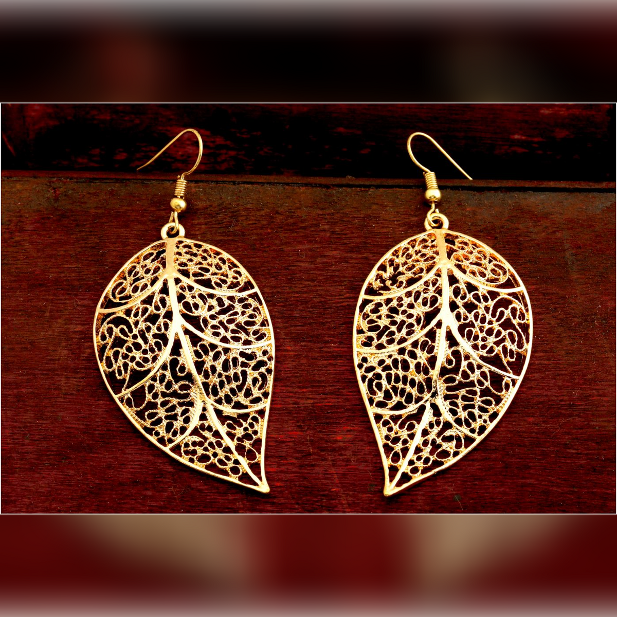 Gold Plated Hand Crafted Leaf Shaped Drop Earring
