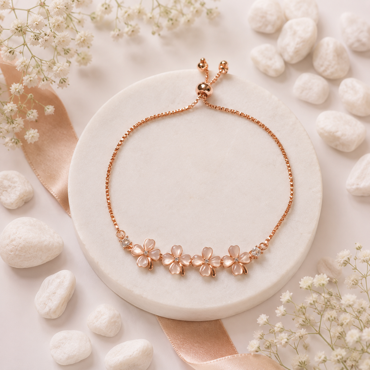 Korean Gold /Rosegold /Silver Plated Link Floral Adjustable Charm Bracelet