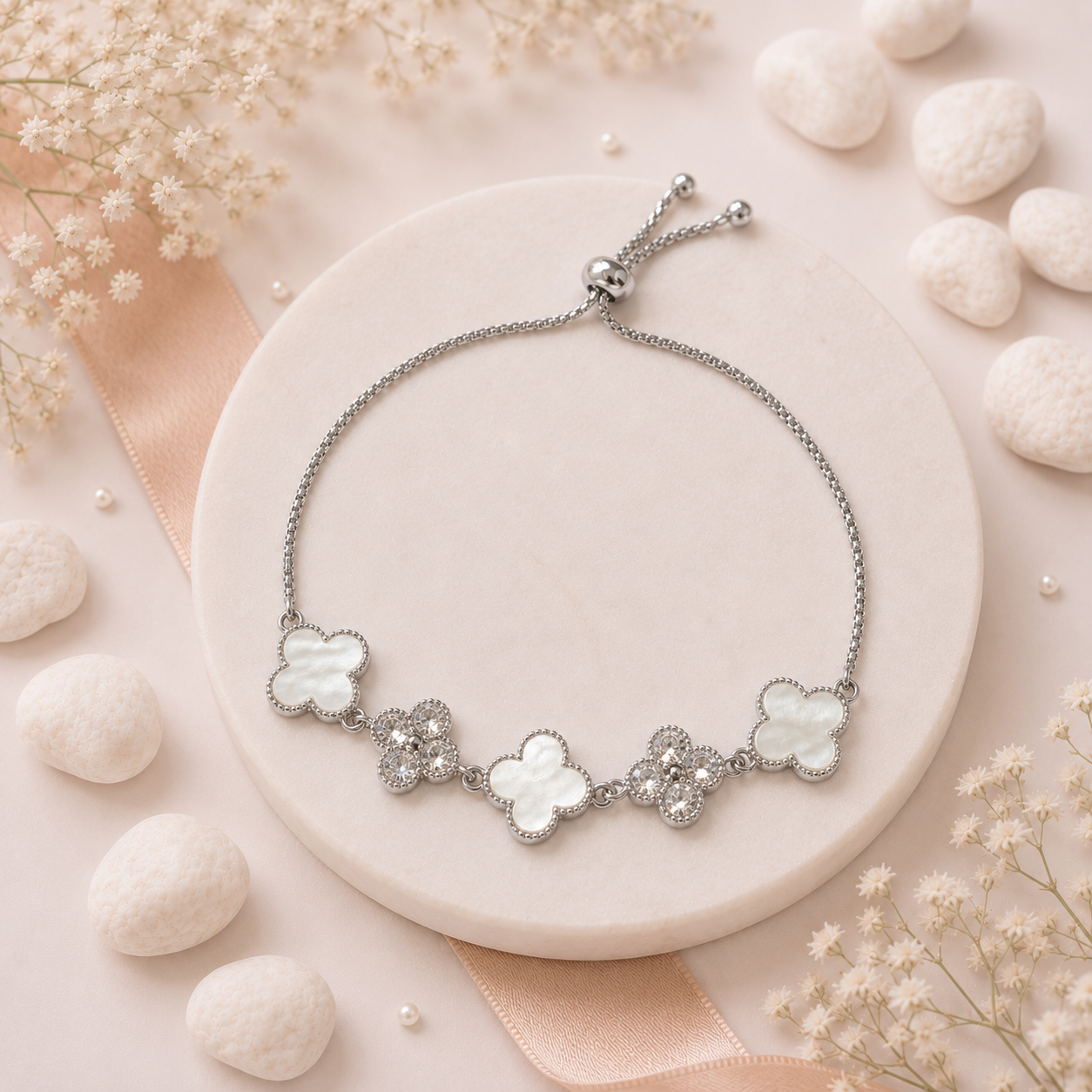 Korean Gold /Rosegold /Silver Plated Link Floral Adjustable Charm Bracelet