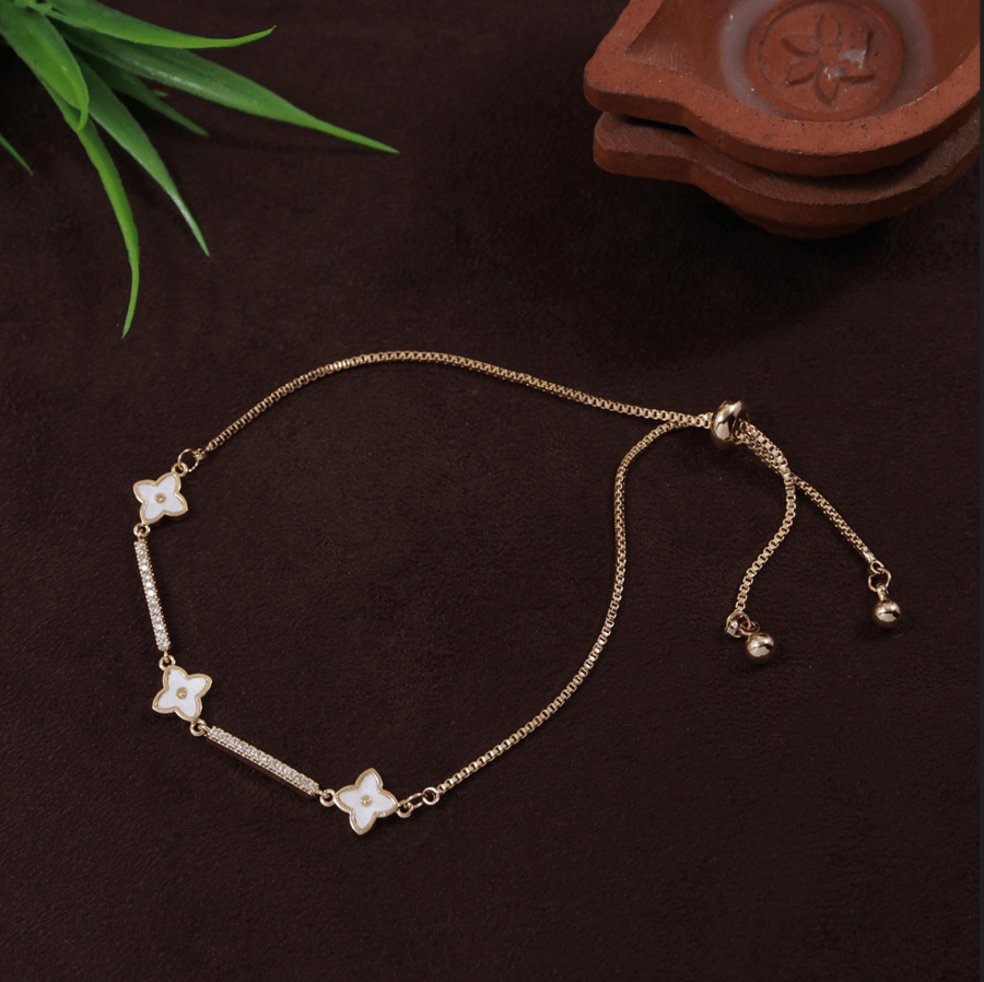 Korean Gold/Silver/Rosegold Plated Clover CZ Charm Adjustable Bracelet- KRNBR 3759