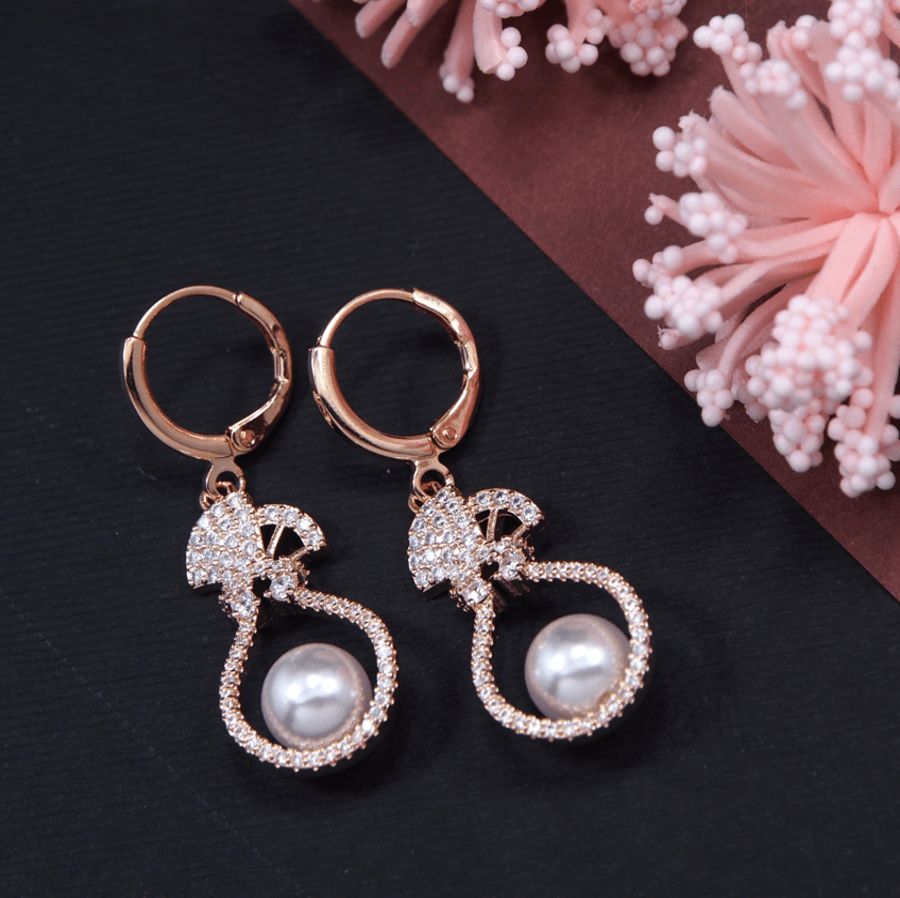 Korean Gold/Rosegold/Silver Plated Flower Pot Design White Pearl Fancy Drop Earring
