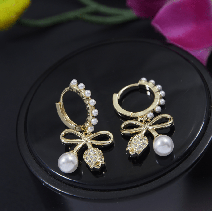 Korean Gold/Silver/Rosegold Plated Pearl Bowknot Hoops Earring- KRNER 3683