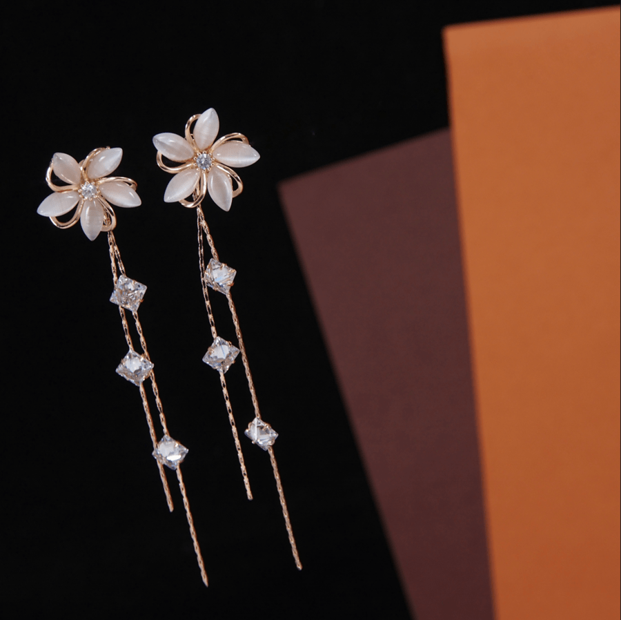 Korean Gold/Silver/Rosegold Plated Floral CZ Chain Earring- KRNER 3685