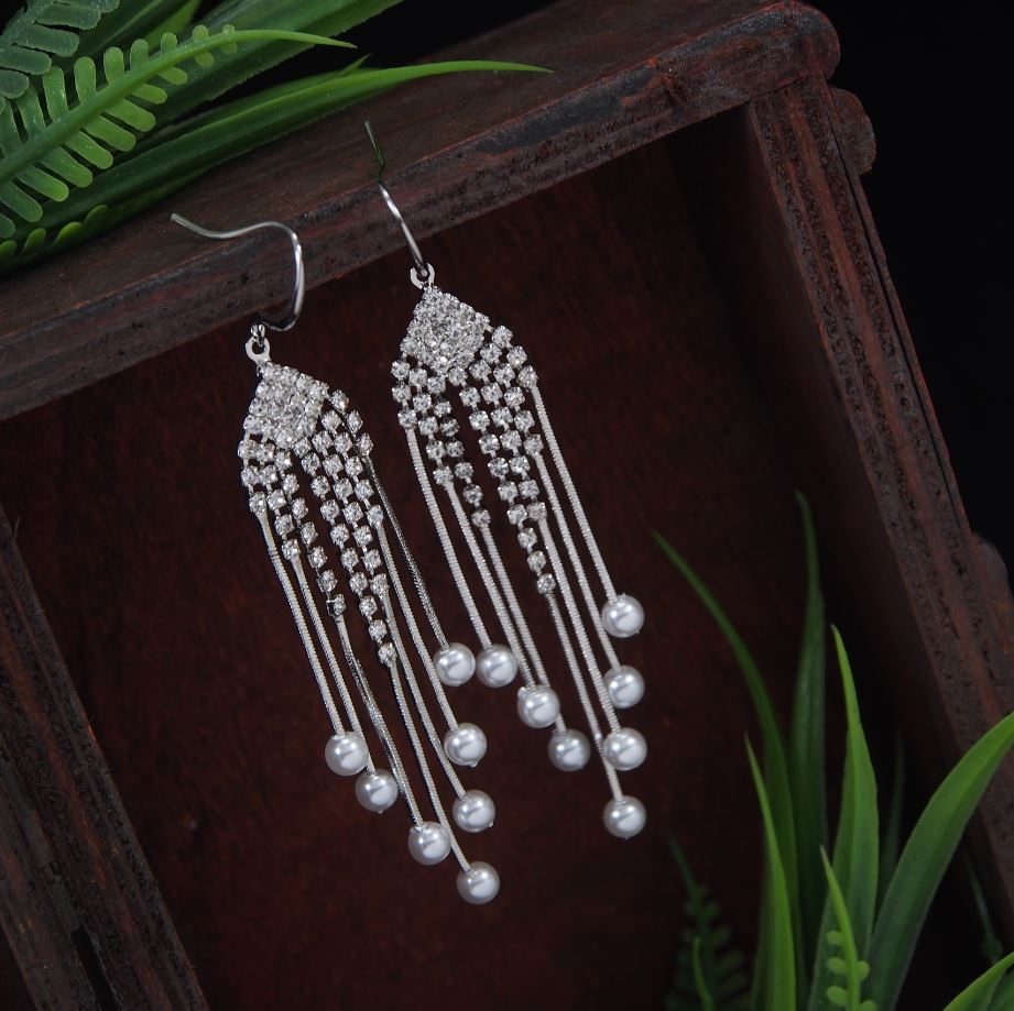Korean Gold/Silver/Rosegold Plated Rhinestone Pearl Chain Long Earring