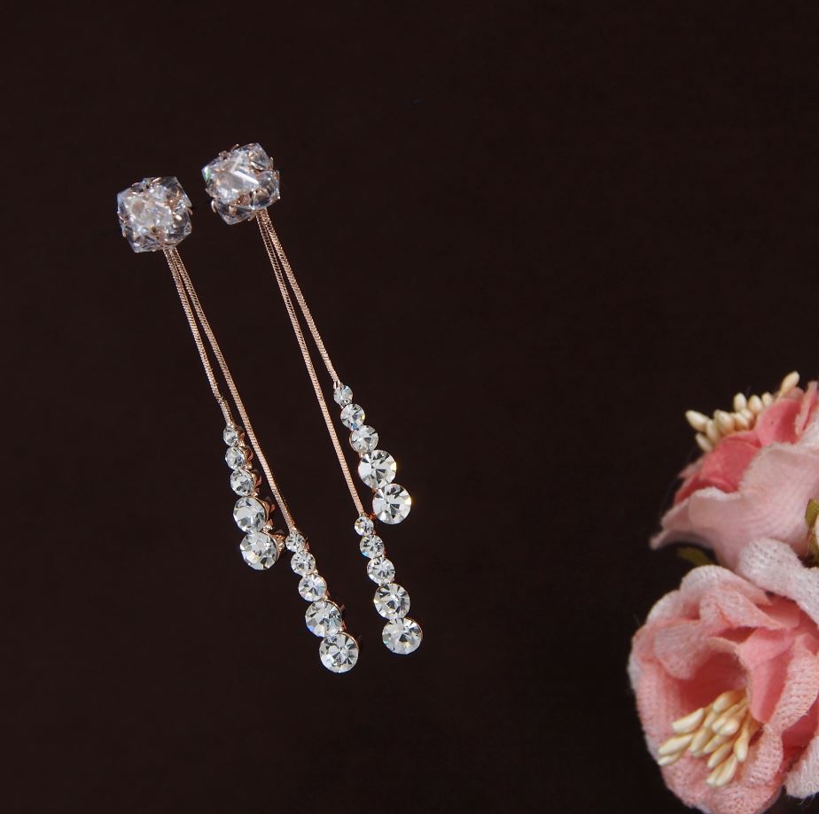 Korean Gold/Silver/Rosegold Plated Crystal Long Chain Earring