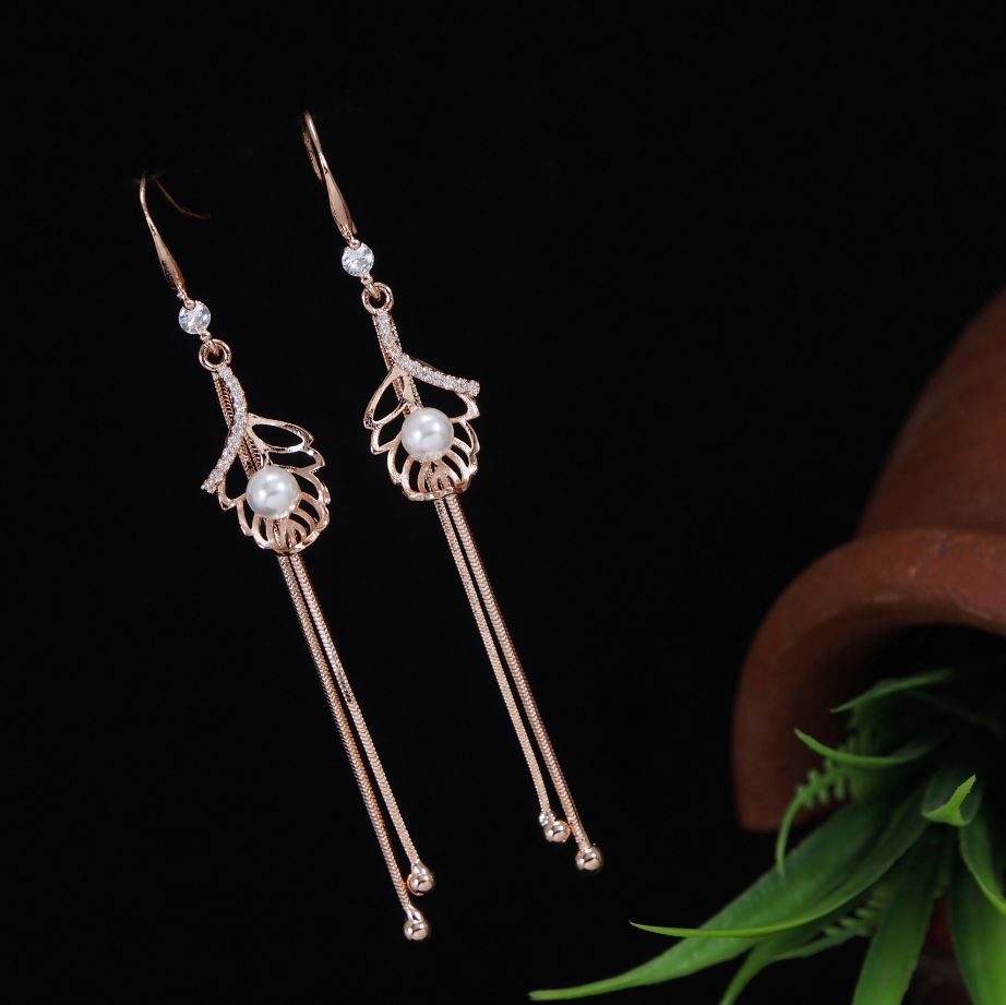 Korean Gold/Silver/Rosegold Plated Hollow Leaf Pearl Dangle Earring