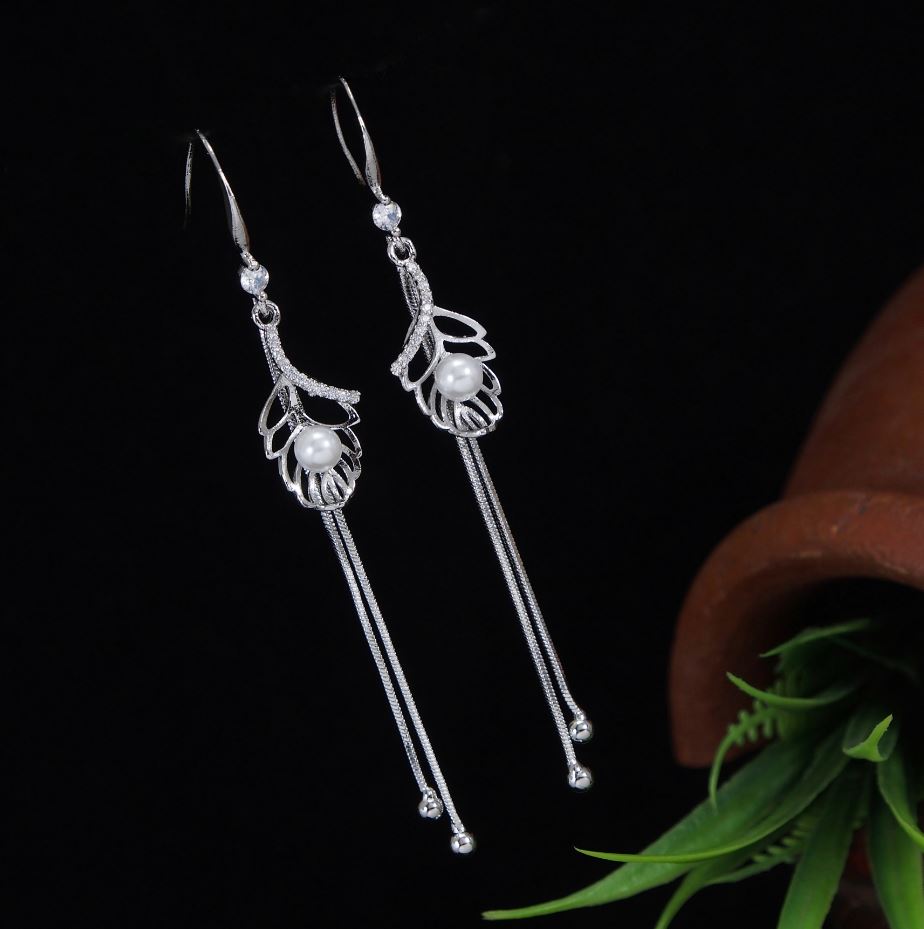 Korean Gold/Silver/Rosegold Plated Hollow Leaf Pearl Dangle Earring