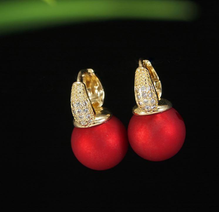 Gold Plated Red/Green Pearl Cubic Zirconia Korean Earring - KRNER 4798