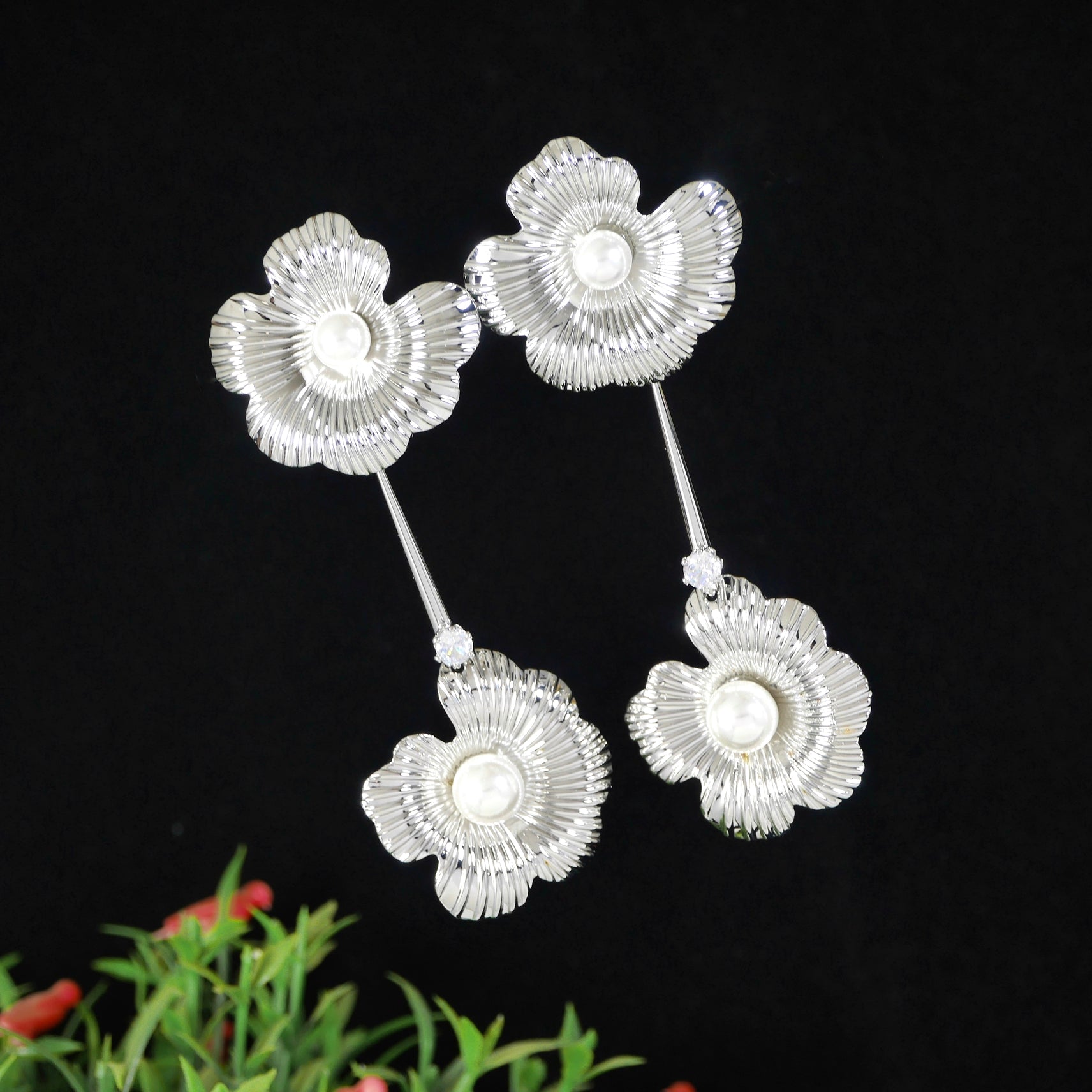 Korean Gold/ Silver Plated Pearl Floral Dangler Earring