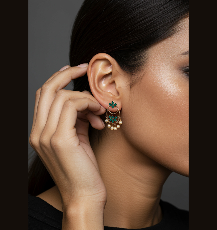 Gold Plated Geometric Shaped With Stone Studded Dangling Pearl Fashion Antique Earring