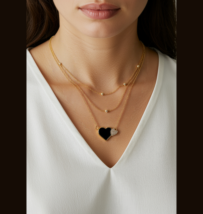 Gold/Rosegold Plated Multi Layered Heart Shape Black Disc Cubic Zirconia Necklace