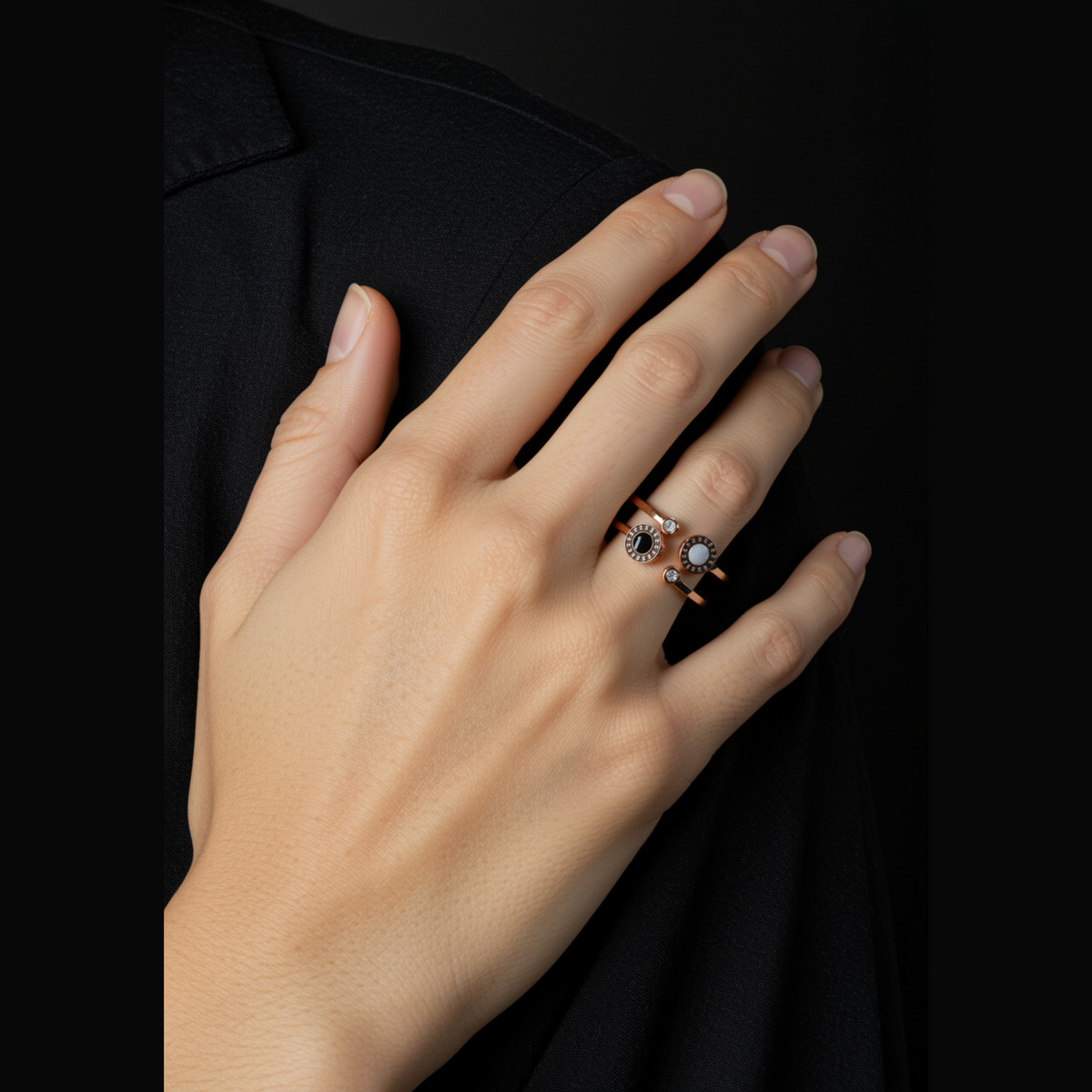 Stainless Steel Rosegold Plated Black and White Disc Roman Numerals Finger Ring
