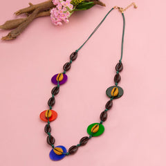 Coral Shell And Multi Color Discs Long Necklace-NK 1875