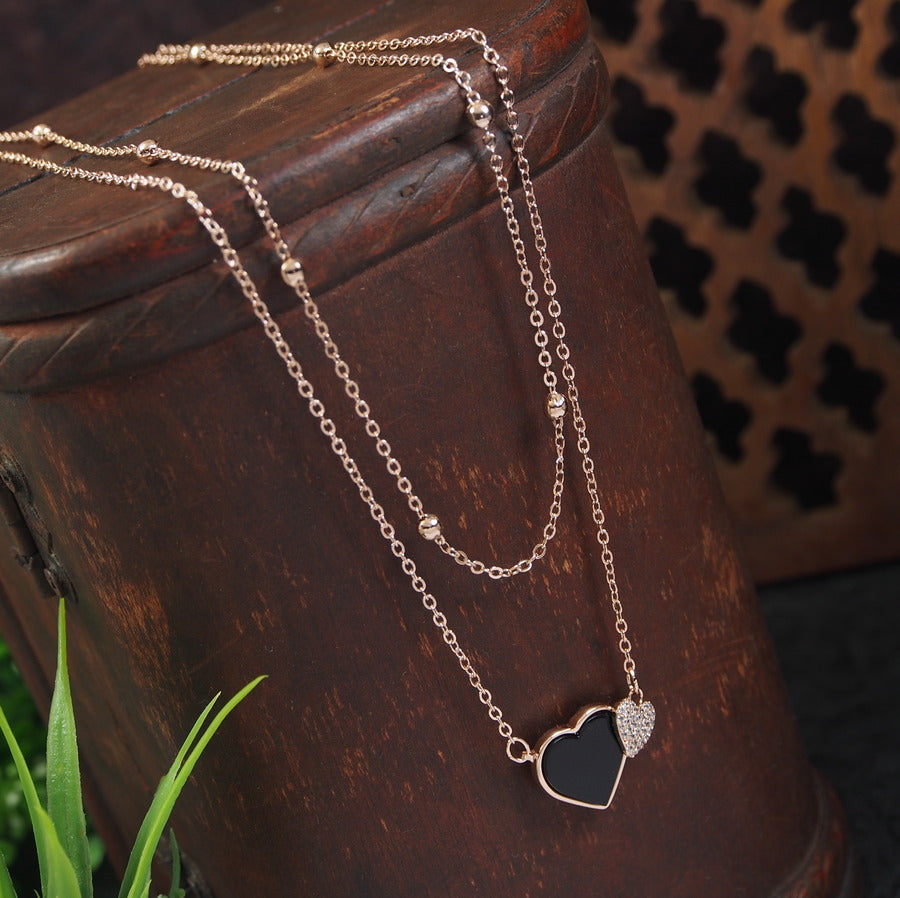 Gold/Rosegold Plated Multi Layered Heart Shape Black Disc Cubic Zirconia Necklace