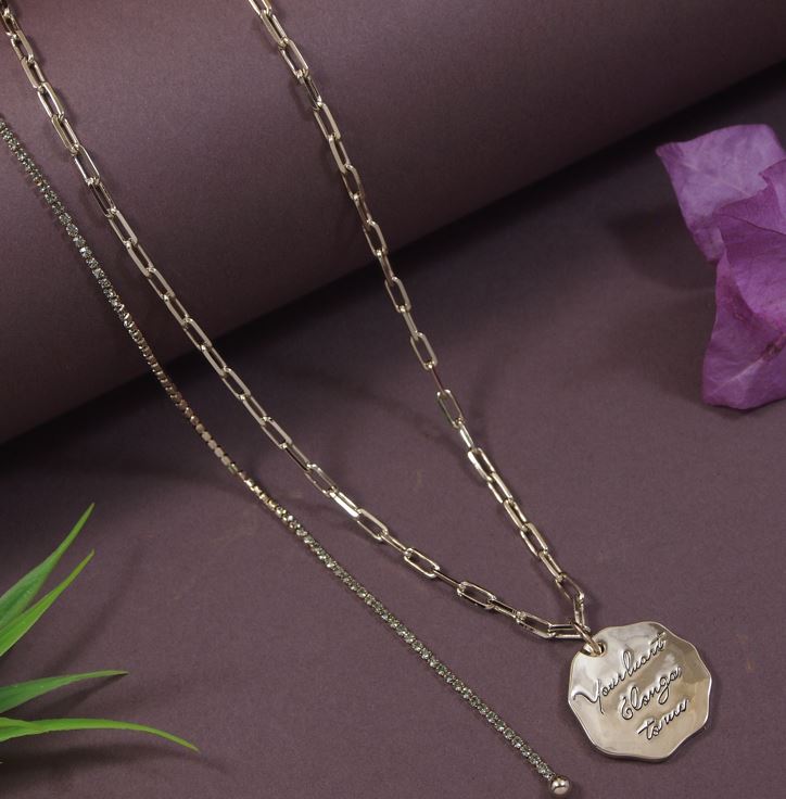 Double Layer Coin Pendent Long Chain Necklace - NK 5133