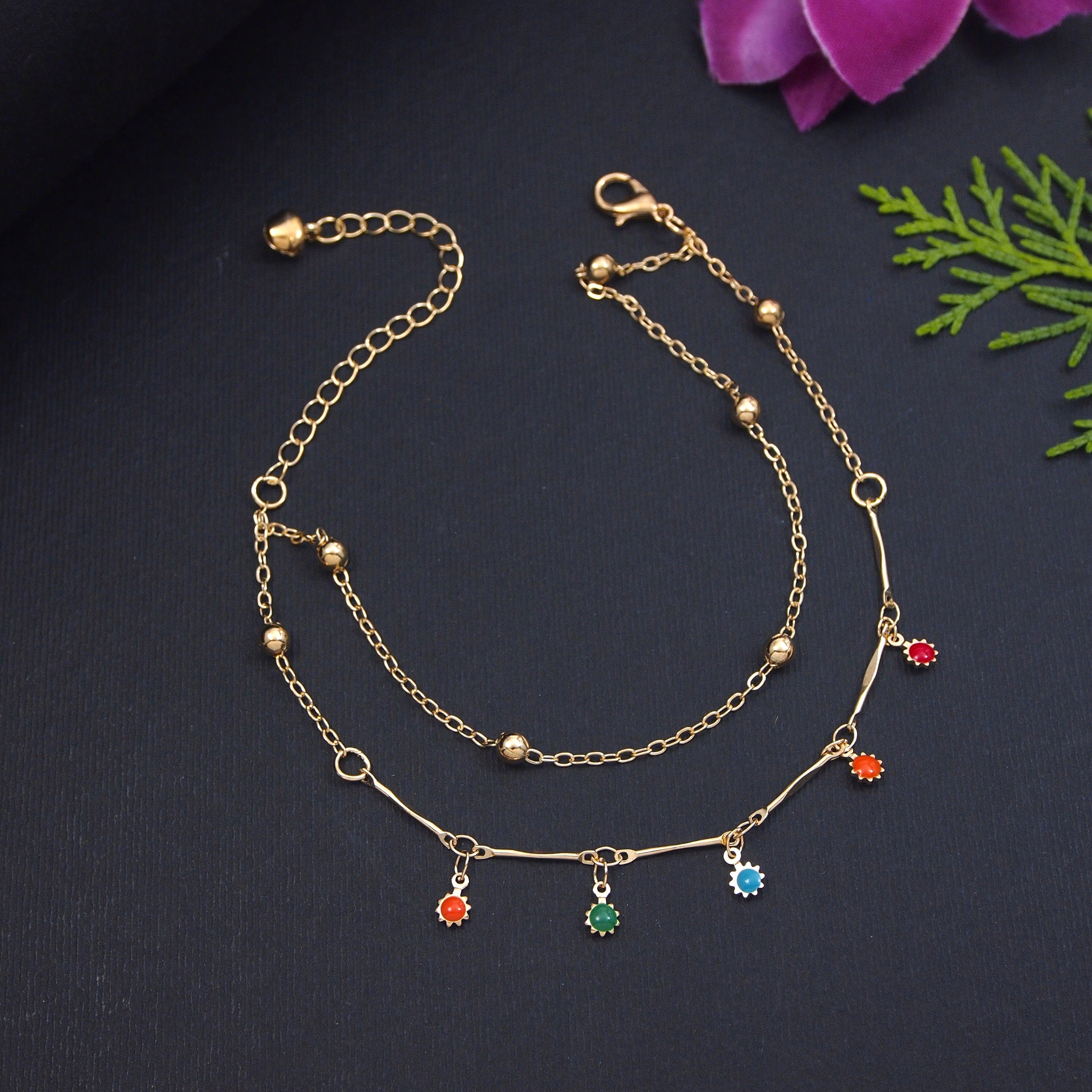 Gold  Plated double leyard colourfull anklet ( pack of 6 )