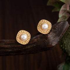 Gold Plated Square Shaped Design Pearl Fashion Earring-PER 1608