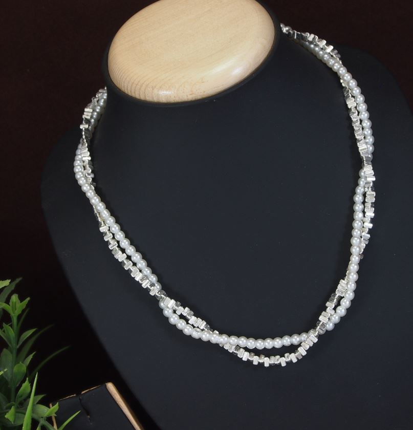 Two Layer Silver Metal Pearl Necklace - PERNK 5171