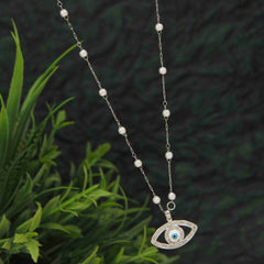 Stainless Steel Silver Evil Eye Pendent Pearl Chain Necklace - STNK 4954