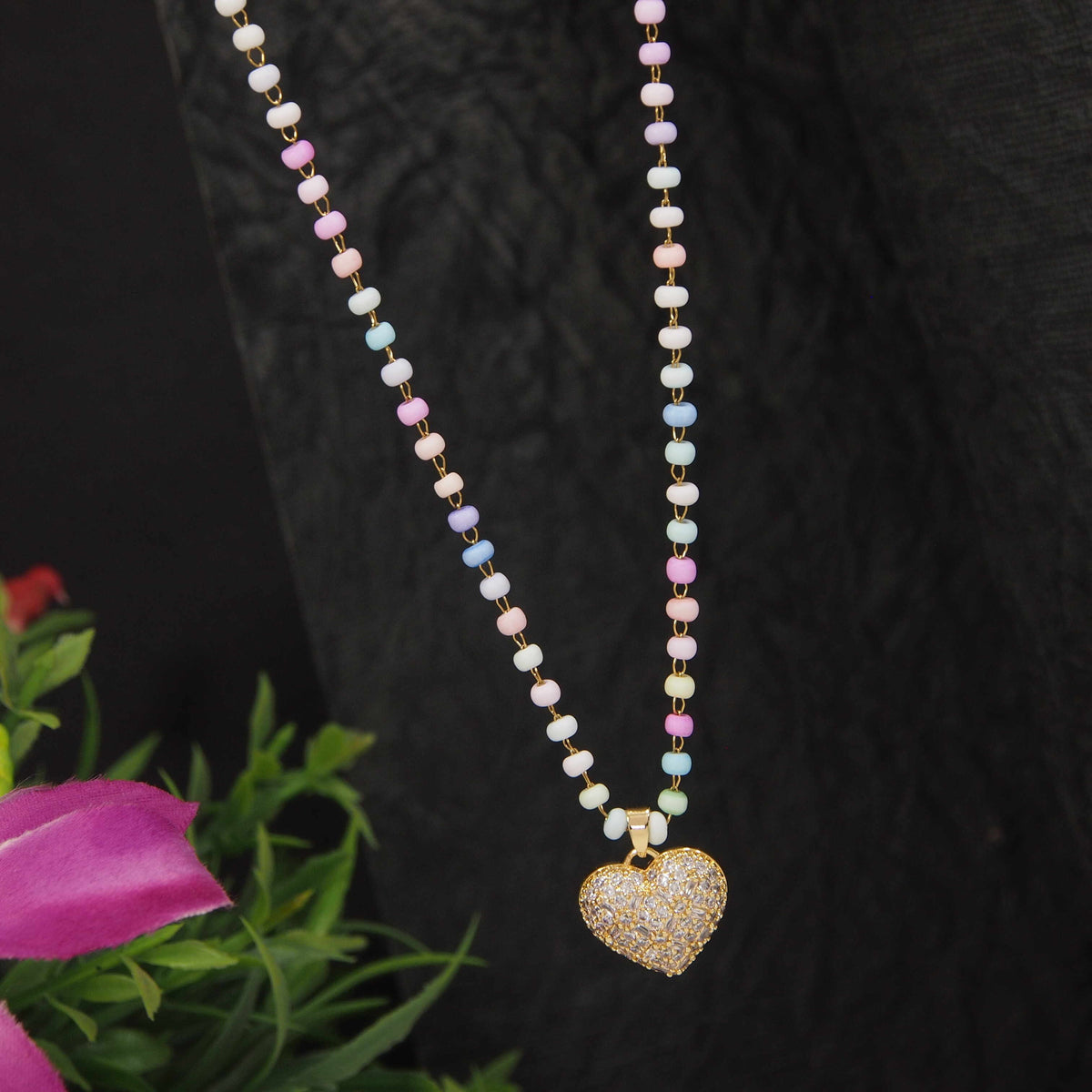 Stainless Steel Heart Shaped Pendent Pearl Chain Necklace