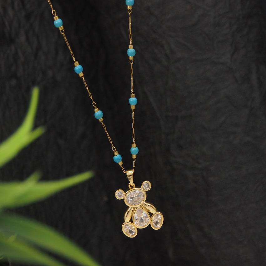 Stainless Steel Teddy Bear Pendent Pearl Chain Necklace