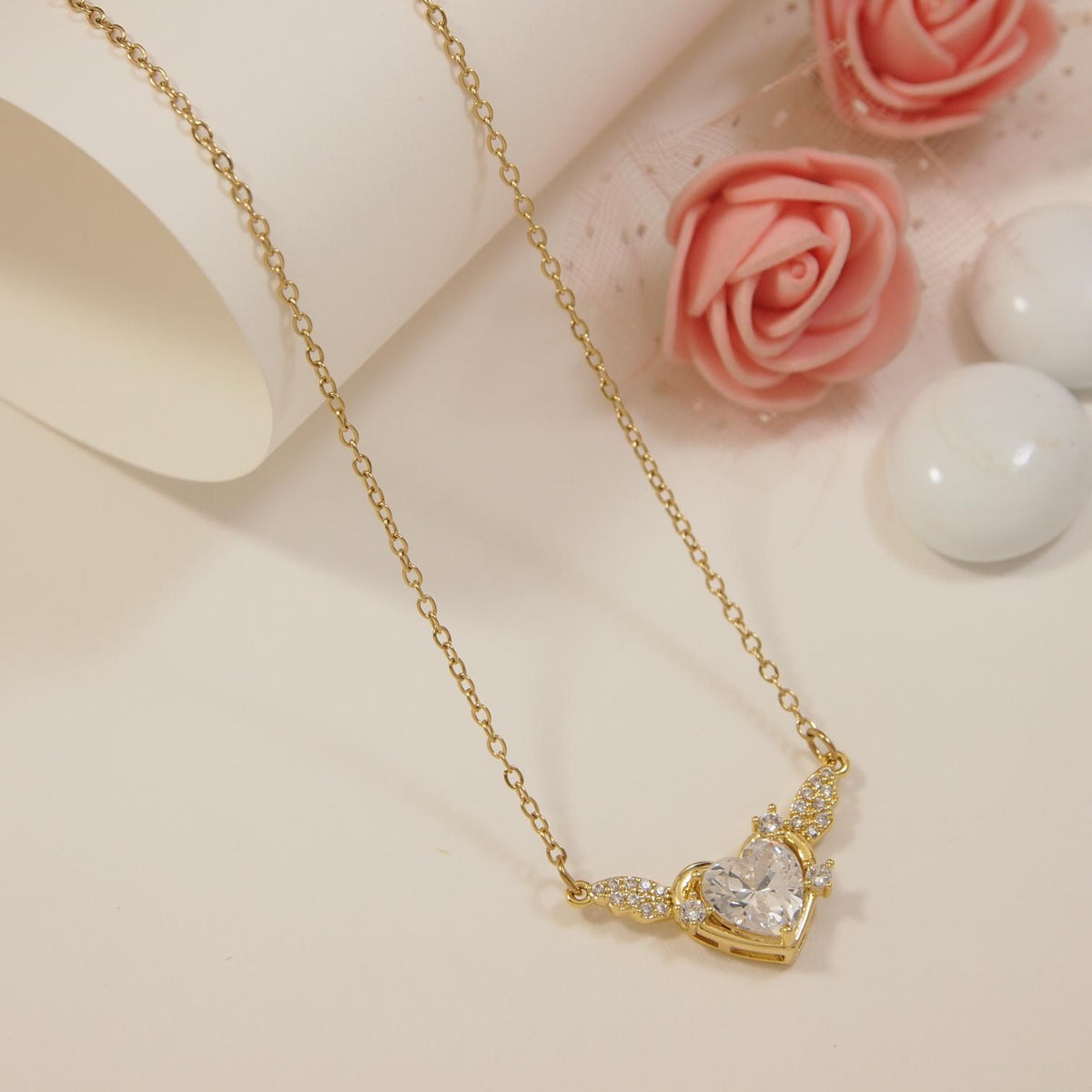 Stainless Steel Heart Shaped Angel Wing Pendent Chain Necklace  - STNK 4991