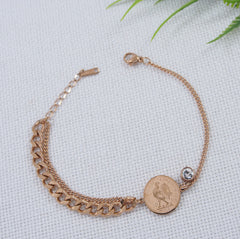 Stainless Steel Gold/ Rosegold Plated Rooster Coin Charm Bracelet- STBR 3926