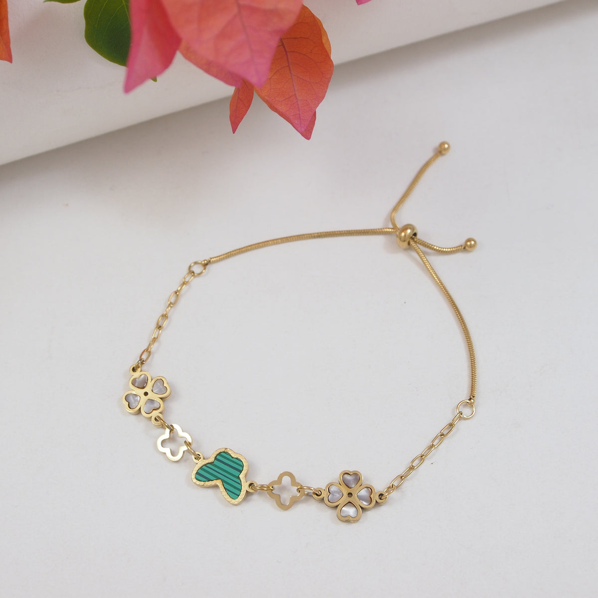 Stainless Steel Green Butterfly Floral Bracelet