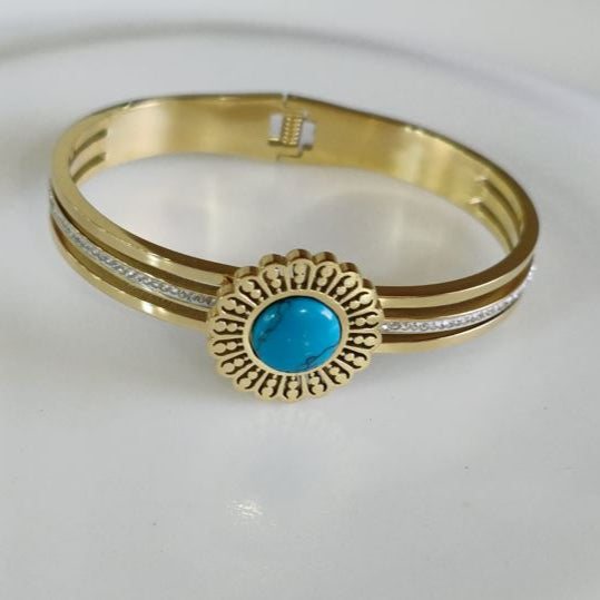 Stainless Steel Gold Plated Turquoise Floral Shaped Kada