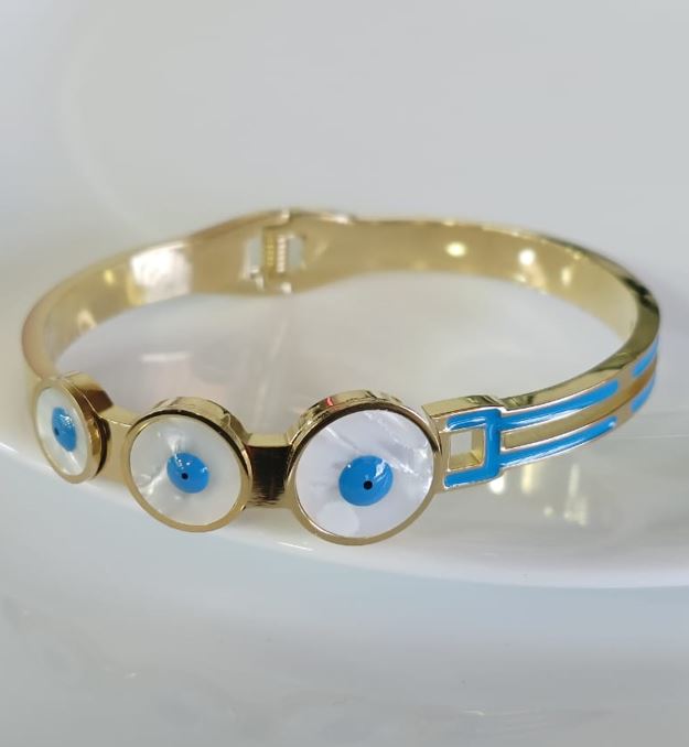 Stainless Steel Gold Plated Tri Evil Eye Kada