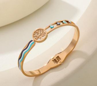 Stainless Steel Gold/Rosegold Plated Tree Evil Eye Kada- STKD 4911