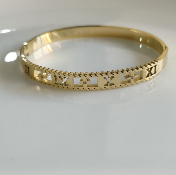 Stainless Steel Gold Plated Roman Number Kada - STKD 4945
