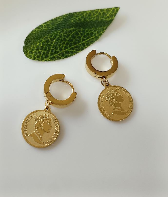 Stainless Steel Silver/Gold Plated Queen Elizabeth Portrait Coin Drop Earring-STNER 2569