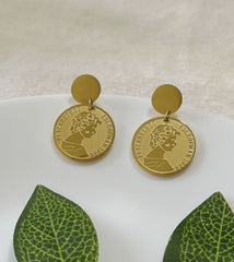 Stainless Steel Gold/Rosegold/Silver Plated Queen Elizabeth Portrait Coin Drop Earring- STNER 2580